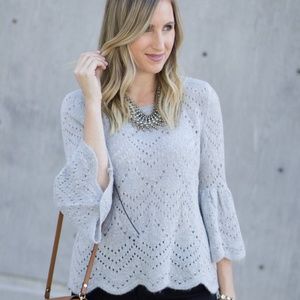 LC Lauren Conrad Gray Scallop Bell Sleeve Sweater